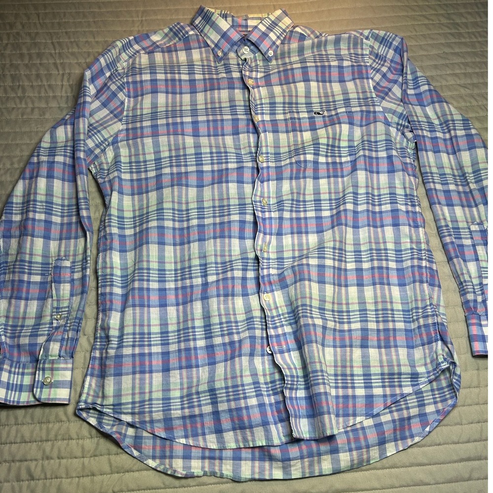 Vineyard Vines Mens Slim Fit Tucker Shirt Blue Pink Plaid Long Sleeve Size Large - Picture 3 of 8